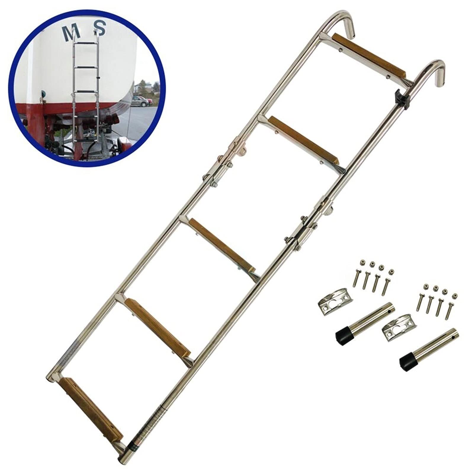 Pontoons Scaletta per Barche Pieghevole con piolo in Legno, Scaletta per Imbarco a Poppa Marina a 5 Gradini, per Gommone/Piscina/Ponte, Carico: 150 kg