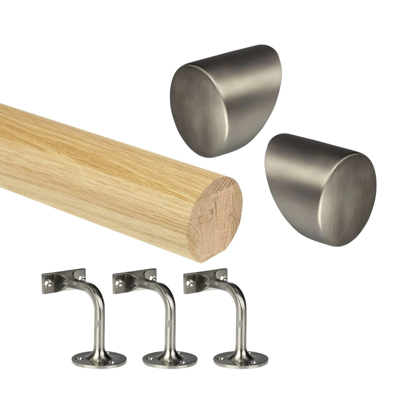 Oak Round Mopstick Handrail Kit with Wall Brackets & Forge End Caps – 1800–4200mm, Chrome/Black/Brushed Nickel/Antique Brass (Brushed Nickel, 1800mm)