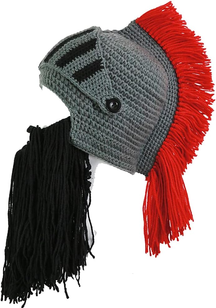 YEKEYI Wig Beard Hat Barbarian Knit Beanie with Facemask Funny Roman Cosplay Knight Helmet