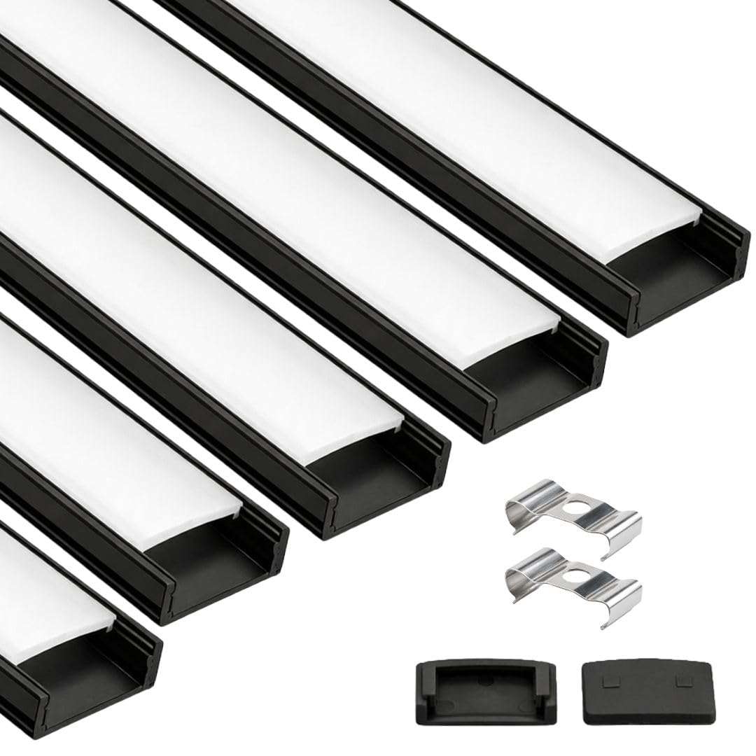 Lighting (18x6mm) LED Strip Light 1Meter Black Aluminium Rectangular Surface Profile Light Channels with Diffused, Black End Caps and Mounting Clips Without LED Straight Linear (5)-image-25