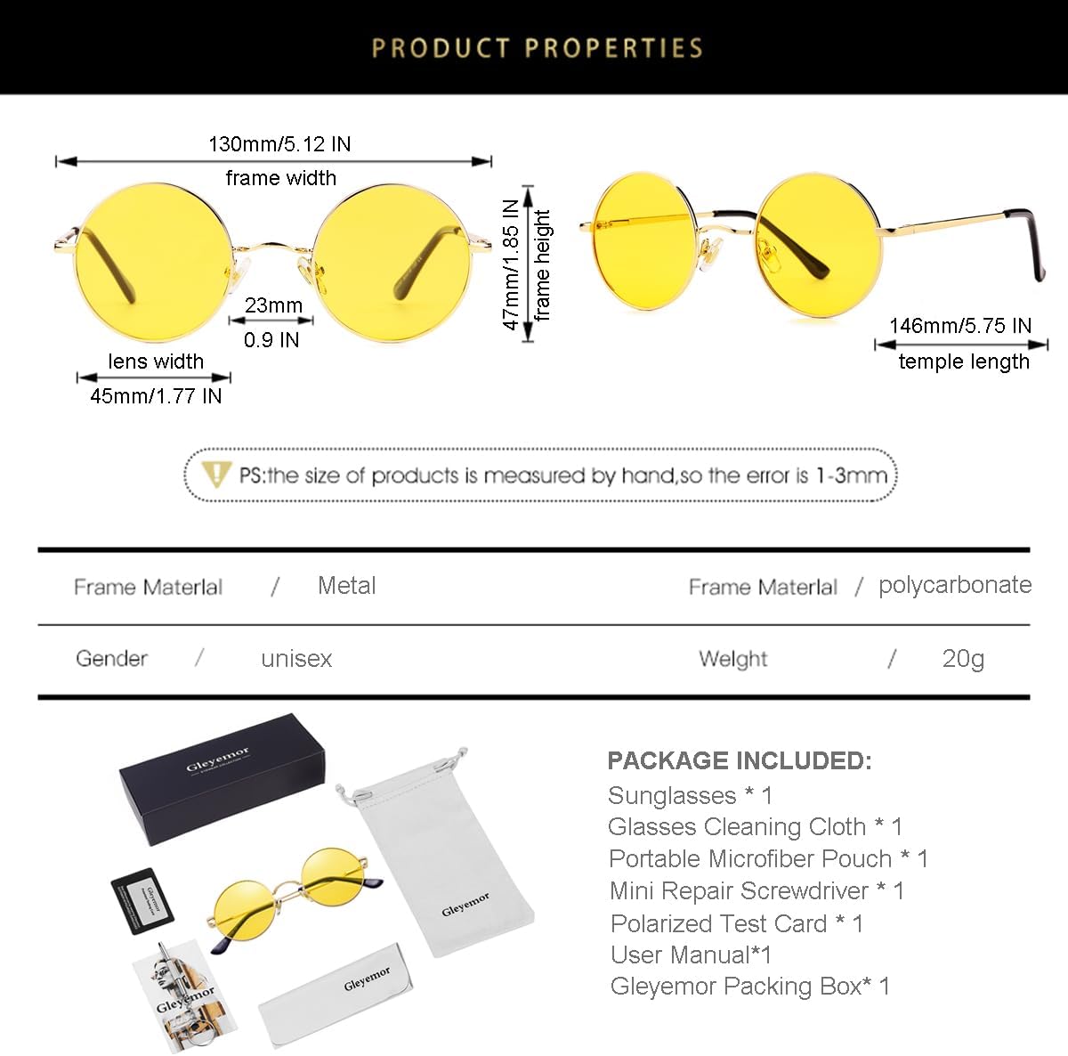 Gleyemor Polarized Round Sunglasses for Men Women Hippie Small Circle Glasses Red Yellow Lenses - Image 6