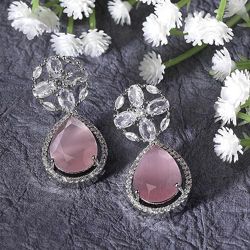 Rhodium Teardrop & Floral Drop Earrings
