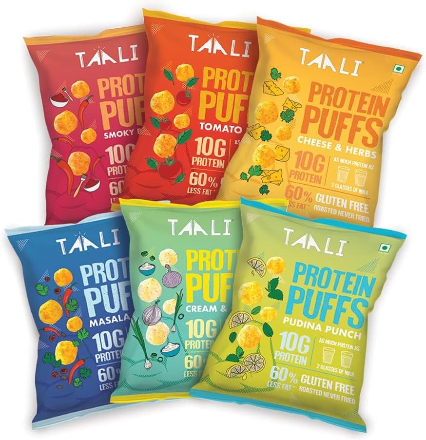 Taali Jowar & Protein Puffs | 60 gm (Pack of 12) | Try All Flavors Pack | Healthy Roasted Tasty Snacks, Ready to eat | 100% Veg., Gluten free products,No Cholesterol, No Trans-Fat