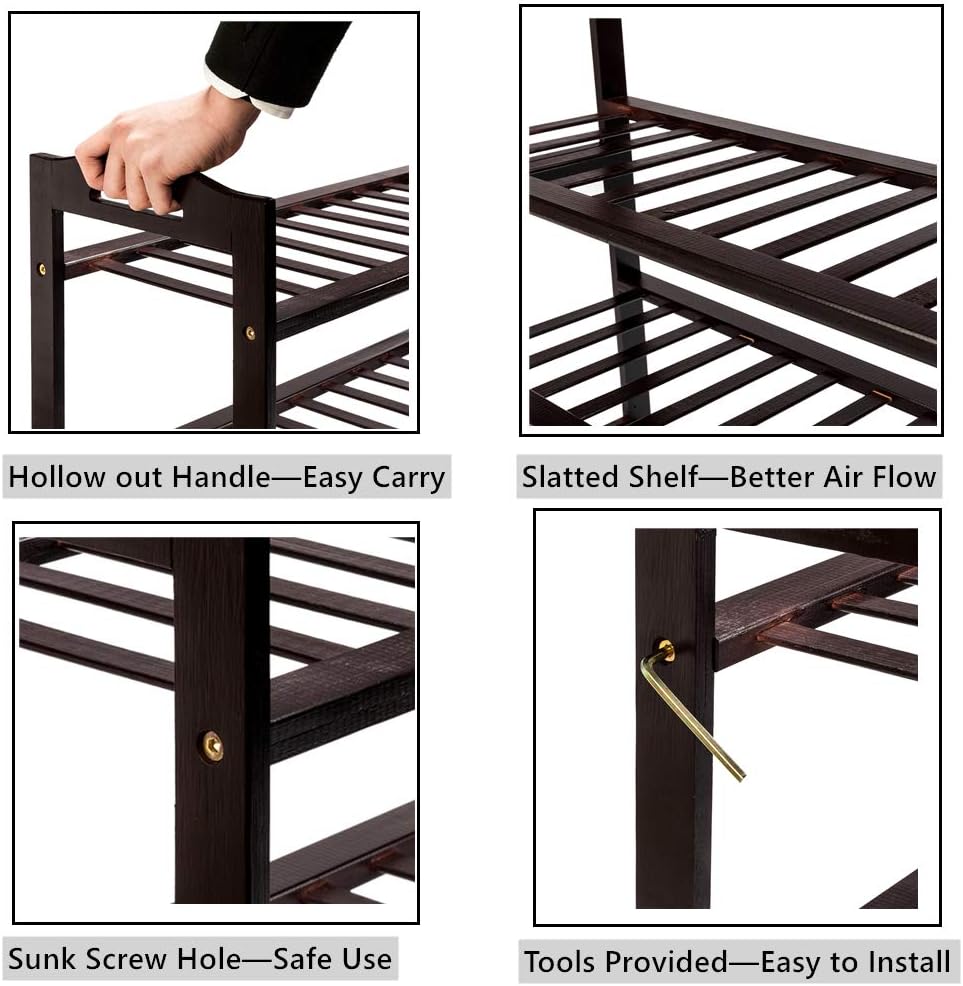 WEI WEI GLOBAL Free Standing 4-Tier Shoe Rack, Bamboo Entryway Shoe Shelf Storage Organizer, Dark Brown