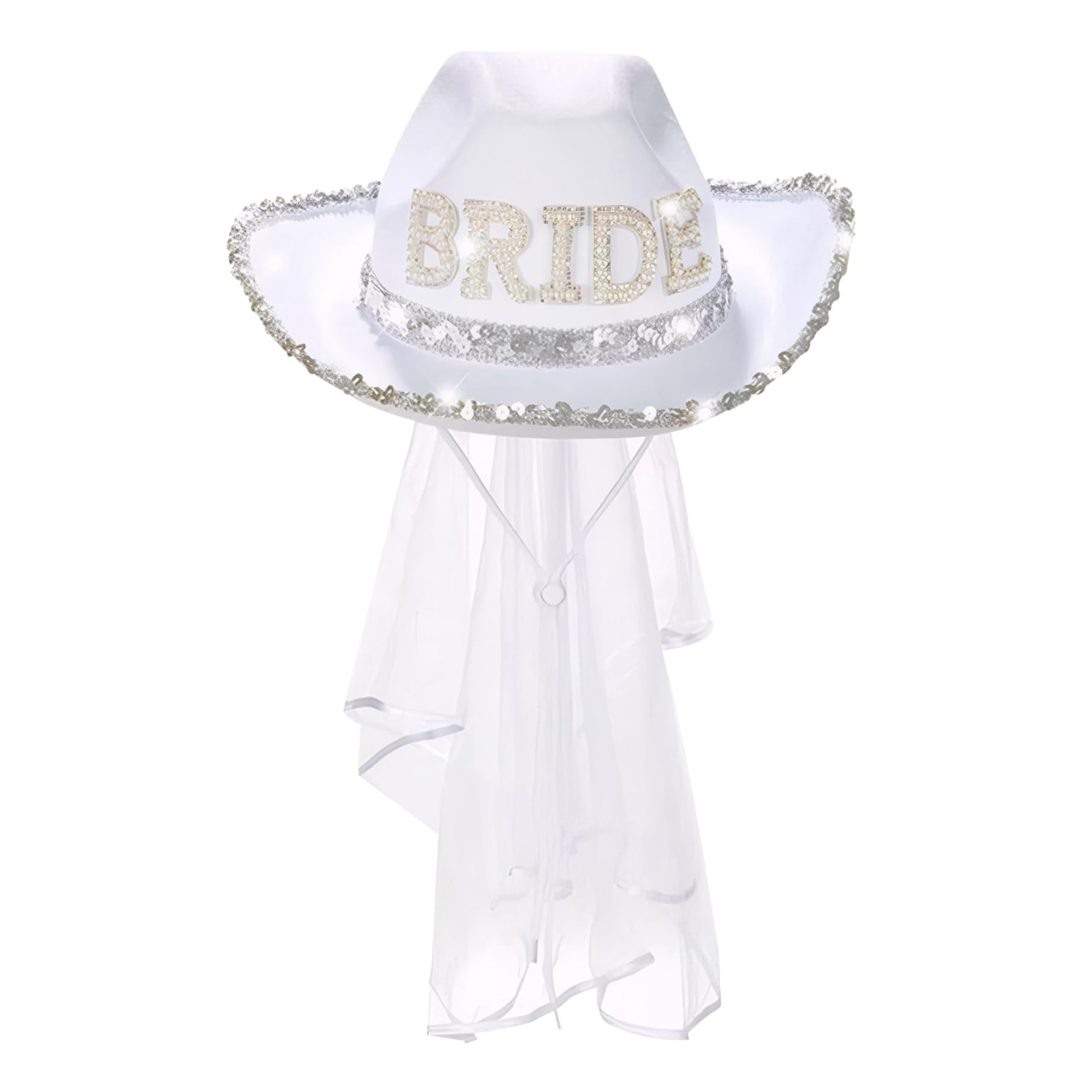 White Bride Cowgirl Hat with Veil and Adjustable Chin Strap for Bachelorette Party Gift