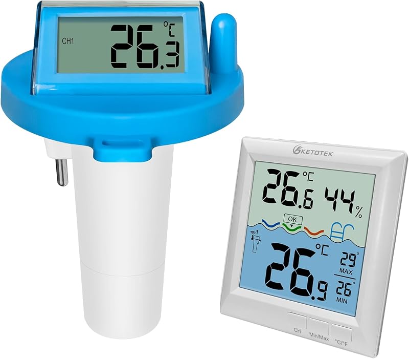 KETOTEK Wireless Pool Thermometer Floating Pool Temperature Outdoor Sensor | IPX8 Waterproof Digital Water Thermometewith Indoor Display for Swimming Pool, Hot Tub, Spa, Pond and Aquarium