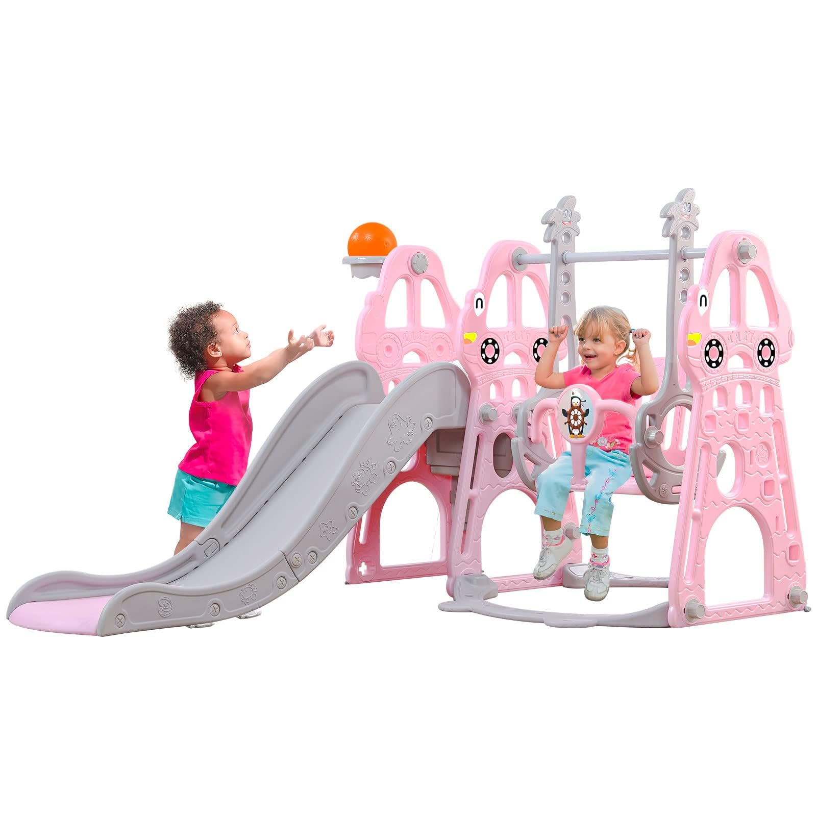 toboganes Infantiles Exterior/Interior Juegos 3 in 1 tobogán y Columpio y Canasta Baloncesto niños 1 2 3 4 año(Rosa)