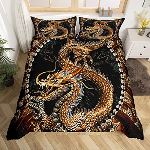 Homemissing - Dragon Enfants Parure de Lit 200x200cm Animal Mythique Créature Art Dragon Housse de Couette pour Filles Femmes Noir Or Décor Ensembles de Housse de Couette Chambre Magique 3 pièces