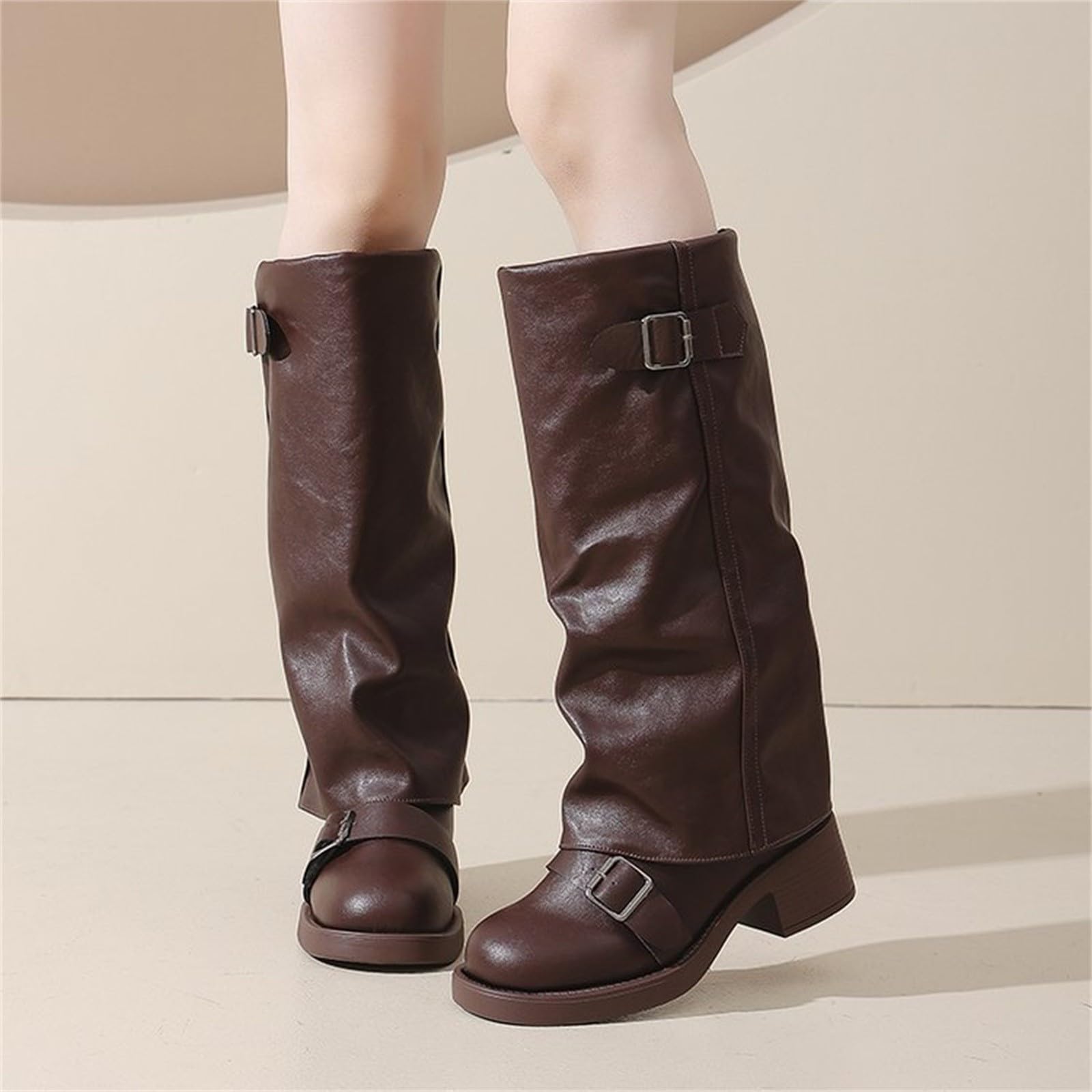 Bottines Femme Cuir Talon Carré Bottine Décontracté Mollets Larges