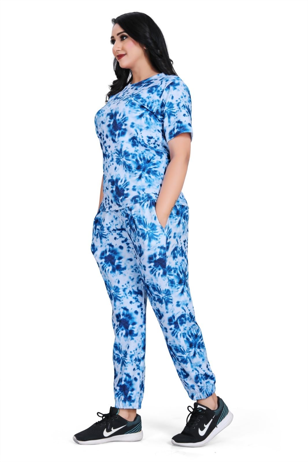 Women’s Blue Tie-Dye Night Suit Set – Soft Cotton Blend Comfortable Sleepwear & Loungewear with T-Shirt and Jogger Pants for Home Wear-picture-33