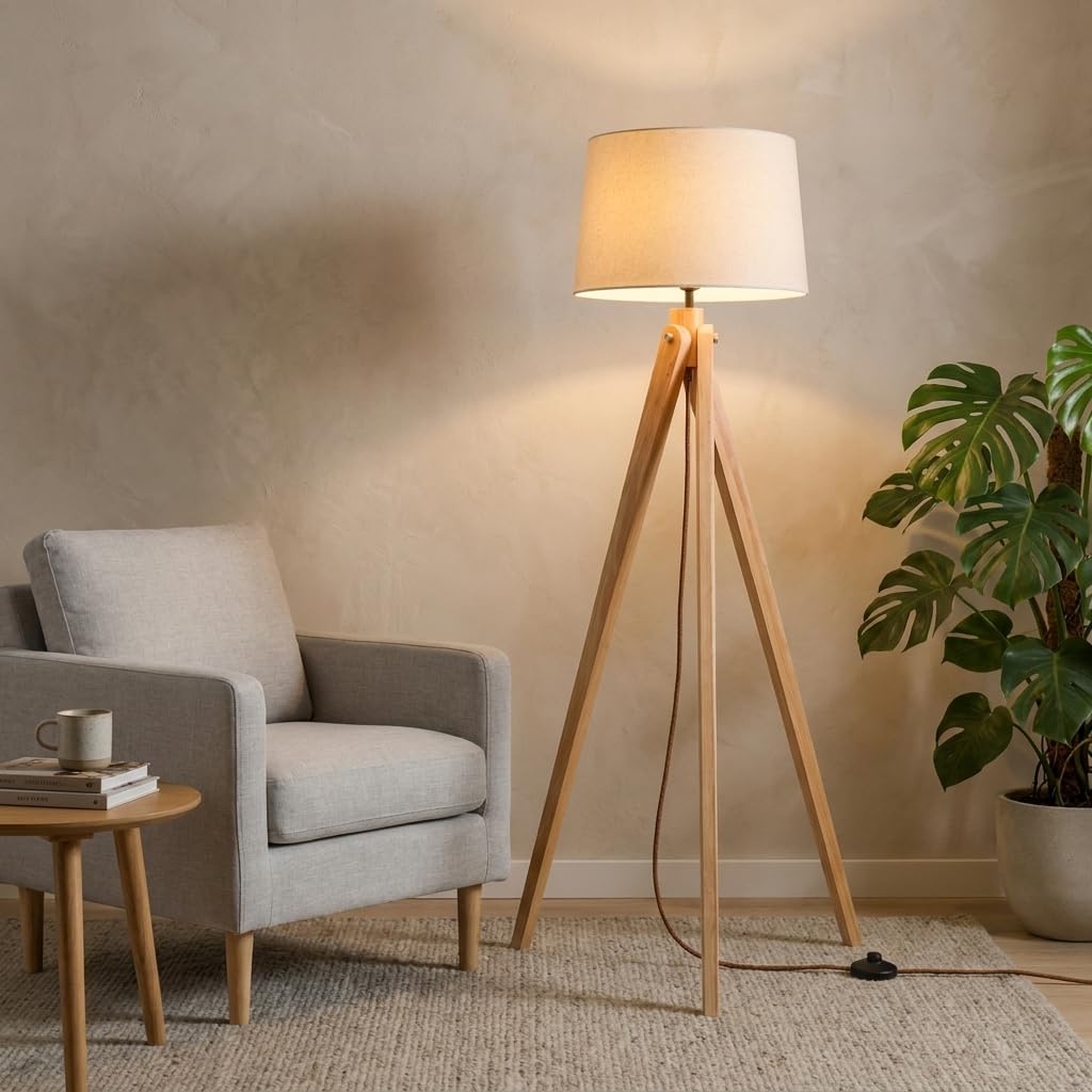 BARCELONA LED NASHUA Stehlampe mit Holzstativ und weißem Stoffschirm – Skandinavische nordische Stehleuchte mit E27 Fassung, minimalistisches Design für Wohnzimmer, Schlafzimmer