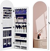 Ylued 47-Inch Lockable Jewelry Armoire with Full-Length Mirror, Wall/Door Mount, 6 LED Lights, Arched White Storage Cabinet for Women