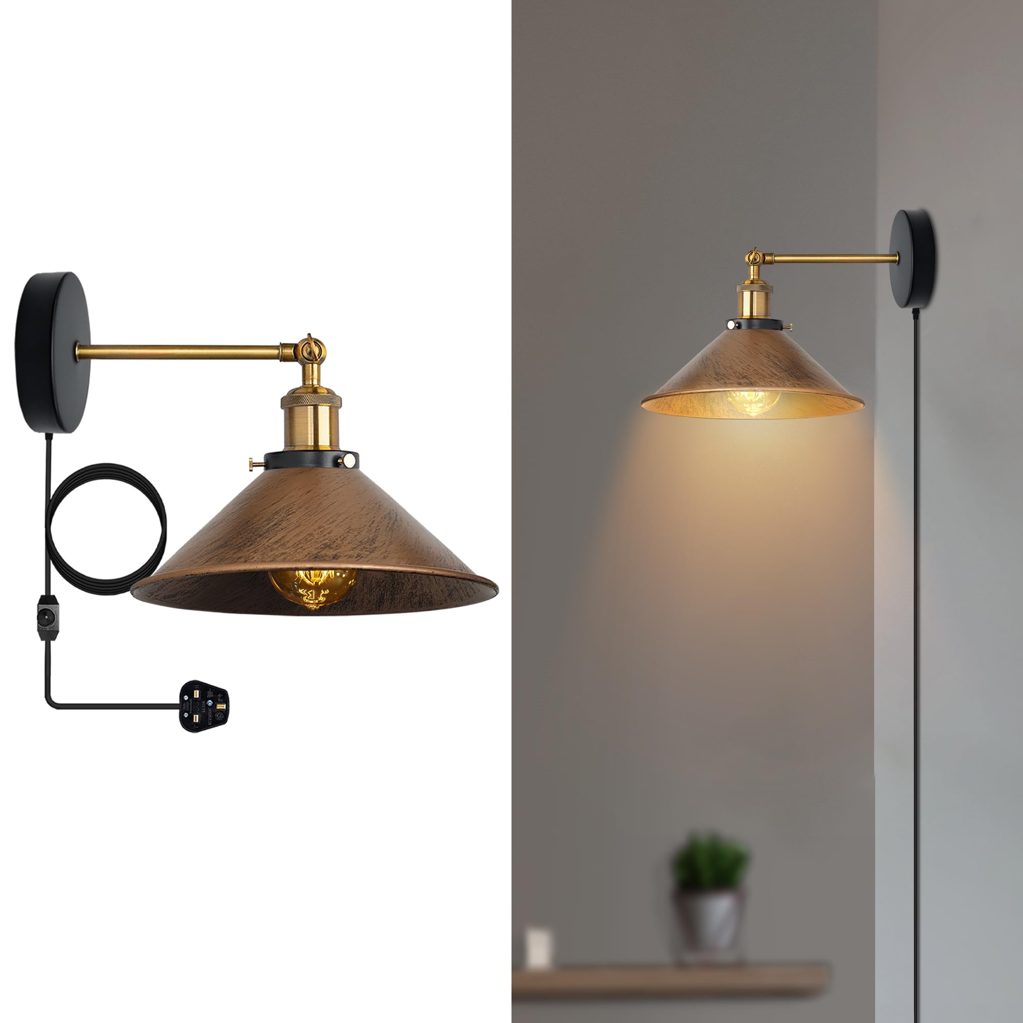 LEDSone Retro Plug in Wall Light Lamps with 2m Plug in Cable Cord and Dimmer Switch - Image 2