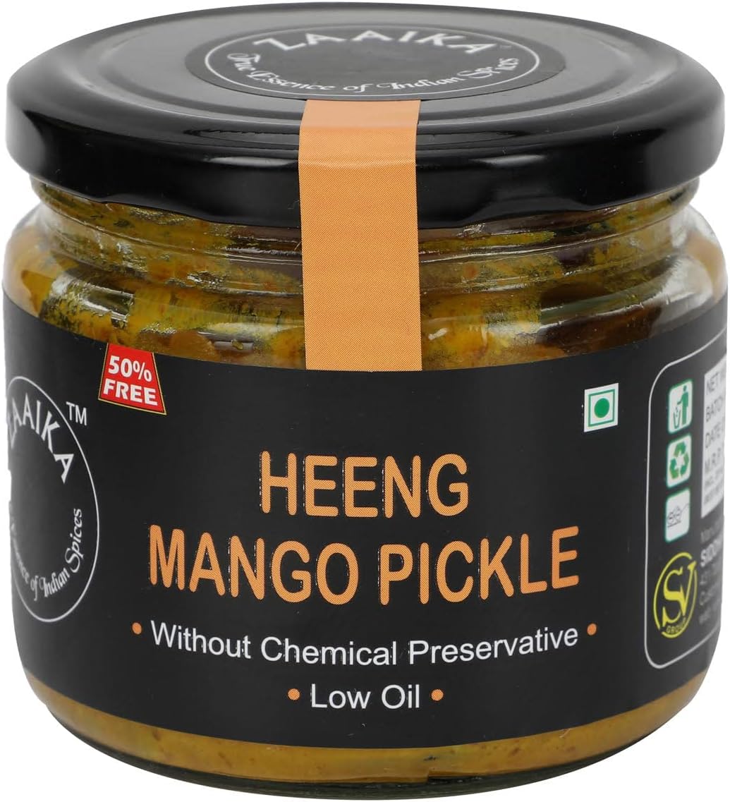 ZAAIKA Heeng Mango Pickle Low Oil Indian Traditional Home Made Hing Aam Ka Achaar with Glass Jar | No Preservatives - 300 Grams