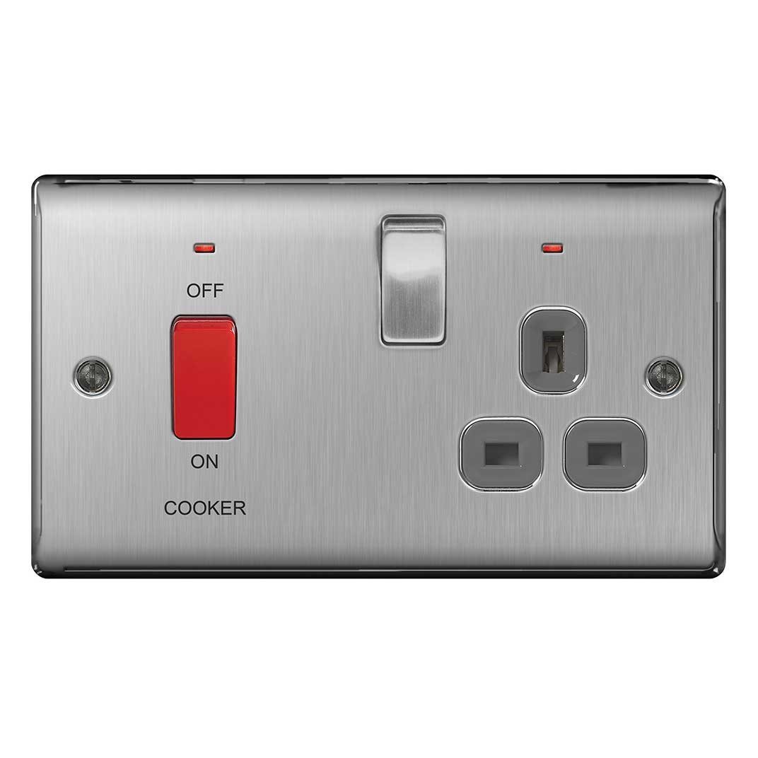 BG Nexus NBS Range Brushed Steel Switches & Sockets - Full Range of Matching Items (Cooker Switch with Socket (Grey))