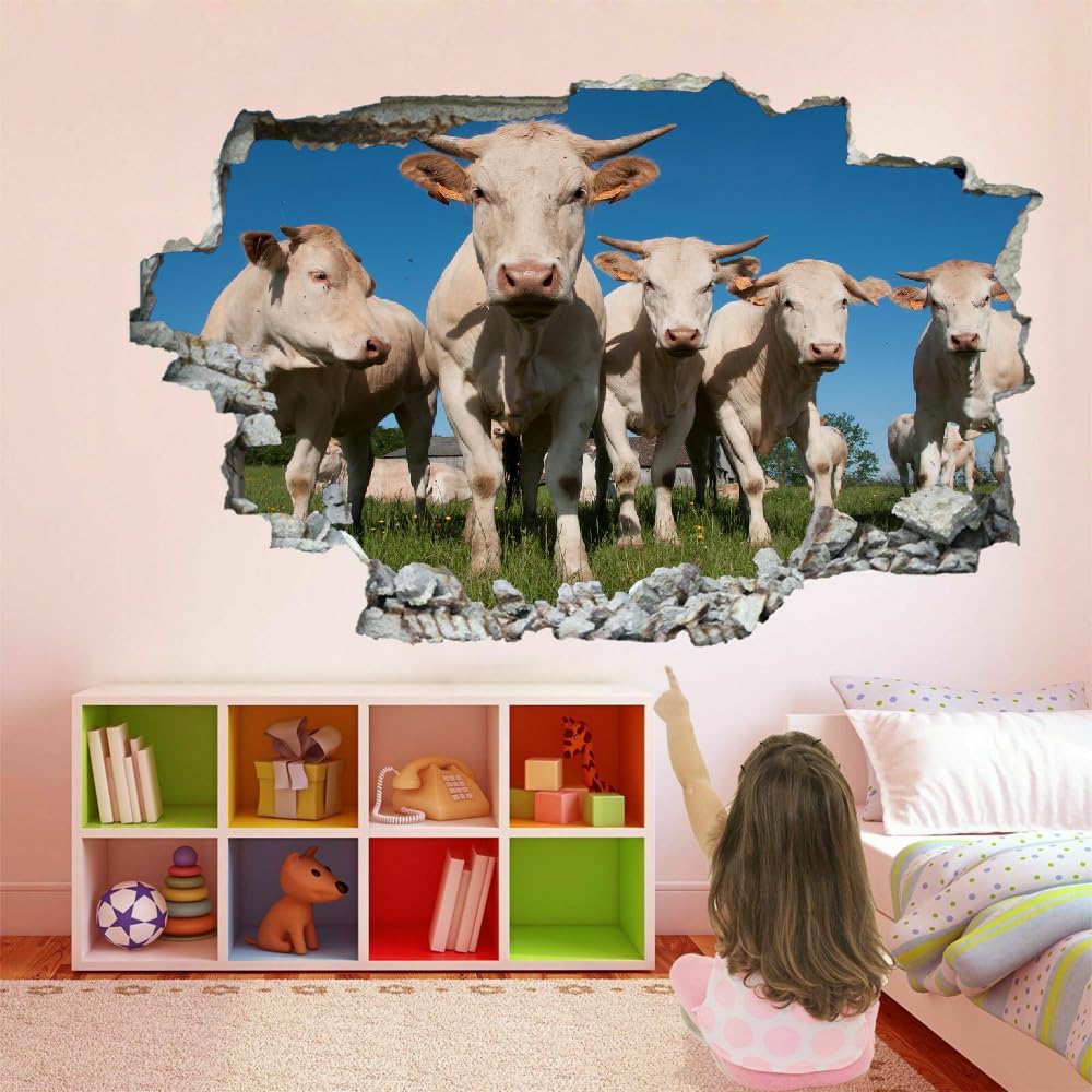 3D Wandtattoos Durchbruch Wandbild Ochse Selbstklebend Kinderzimmer Aufkleber Wandaufkleber Graslandtiere Abnehmbare Wandsticker für Kinderzimmer Wohnzimmer Schlafzimmer Deko