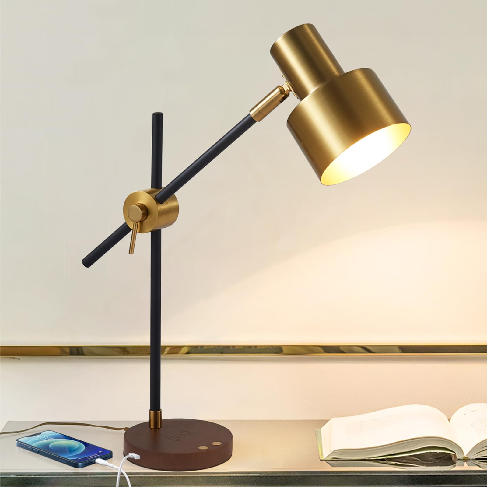 Adjustable Swing Arm Desk Lamp with Wireless Charger & USB Ports - Touch Control, 360deg Flexible Metal Arm, Timer Function, Modern Office Lamp for Home Study, Bedroom, Reading (LED Bulb Included)