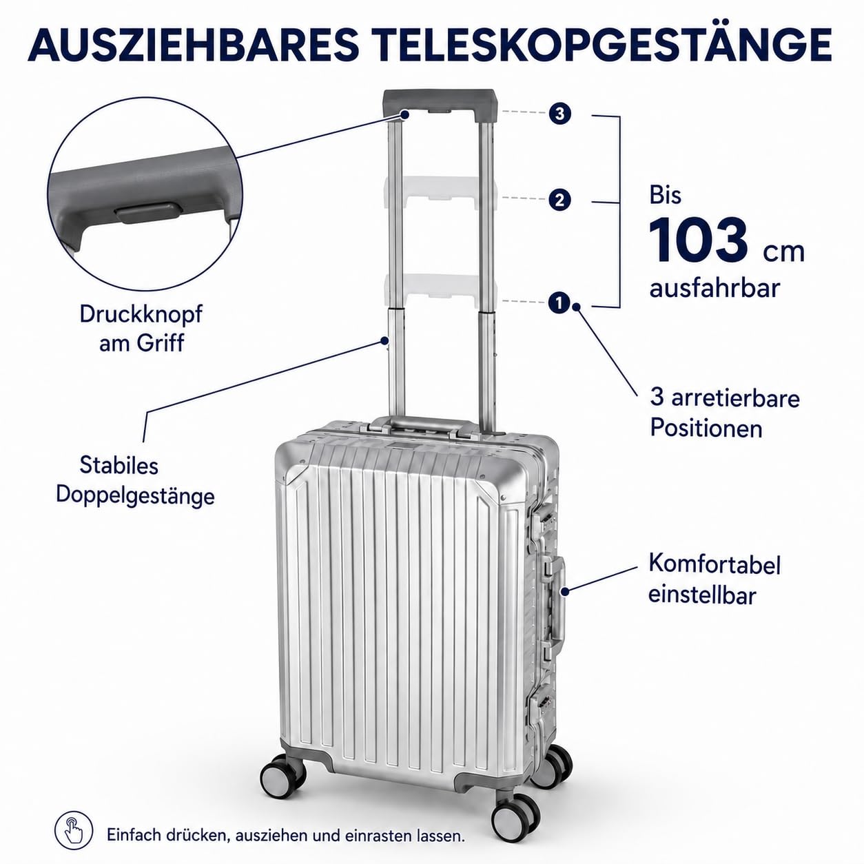Aluminiowa walizka podróżna, walizka pokładowa, twarda obudowa, walizka na kółkach, bagaż podręczny, uchwyt teleskopowy, TSA, 4 kółka, srebro, Handgepäck & Großer Koffer XL Set