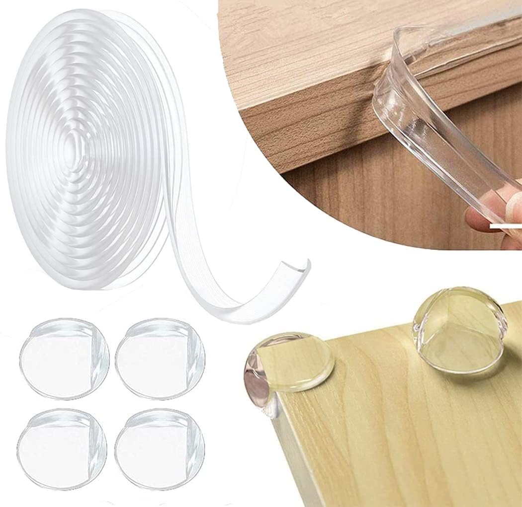 ELECDON Safety Edge Corner Protector Set, Clear Baby Proofing Guards, Soft Silicone Bumper Strip 26.2ft(8m) with Round Child Edge Protector(4pack) for Cabinets, Tables, Furniture(8M)