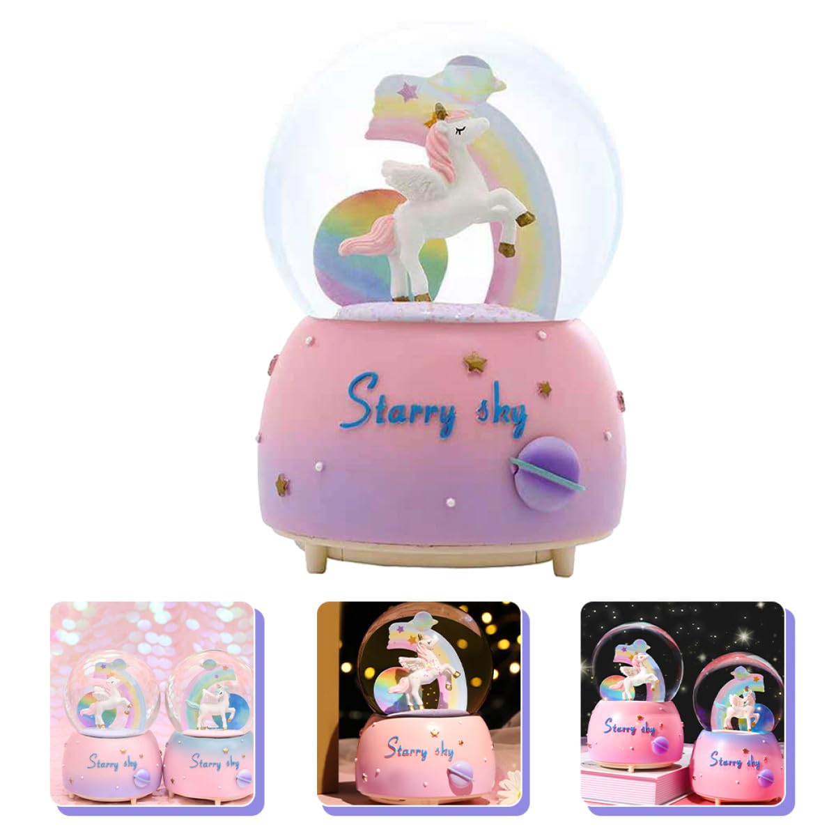 Caja de Música con Globo de Nieve Unicornio de Diseño Infantil Efecto Luz y Música Manual Decoración Navideña y Regalo Cumpleaños para Niñas Ambiente Romántico y Festivo