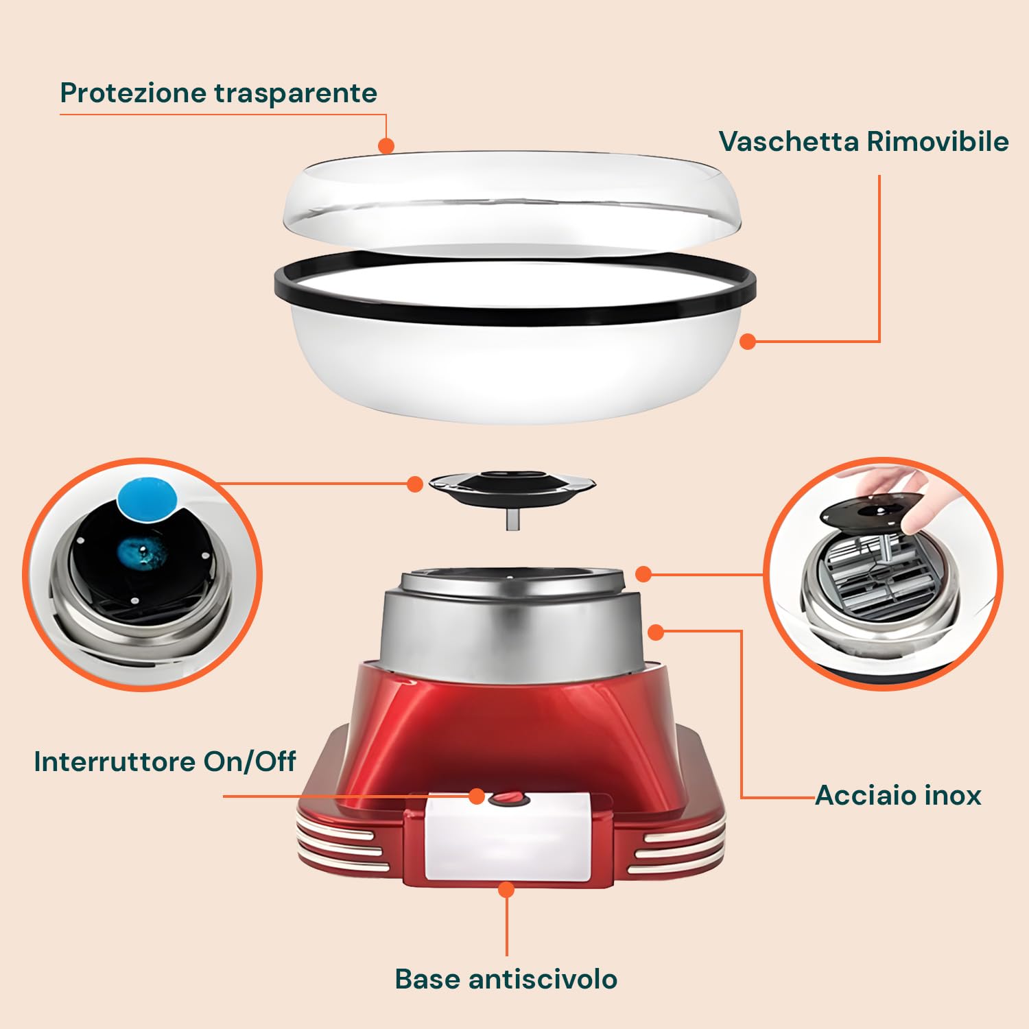 Avilia - Macchina Zucchero Filato Elettrica 500W Facile da Usare con Vaschetta Removibile, Accessori Inclusi e Riscaldamento Rapido per Zucchero Colorato o Aromatizzato, Ideale per Bambini e Feste