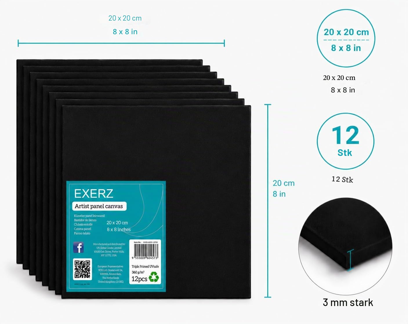 Exerz Schwarze Leinwand 20x20cm, 12er-Set Malkarton, Künstler-Leinwände aus 100% Baumwolle, 280 g/m², 0,3cm Dick, Blanko, Dreifach Grundiert, Säurefrei, Mittlere Körnung