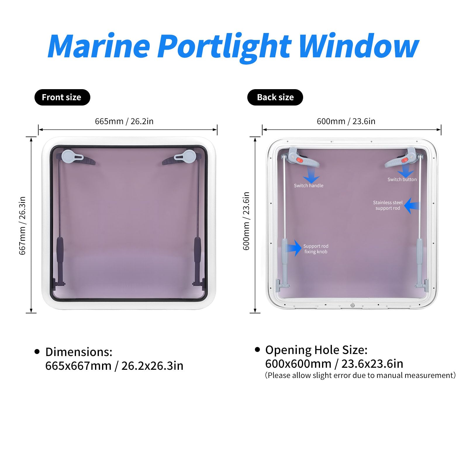 Ventana para RV, 600 X 600 Mm, Claraboyas Ajustables para Barcos, Ventana Cuadrada, Cubierta de Empuje, Claraboyas, Escotilla de Ventilación con Varilla de Soporte para Yate,