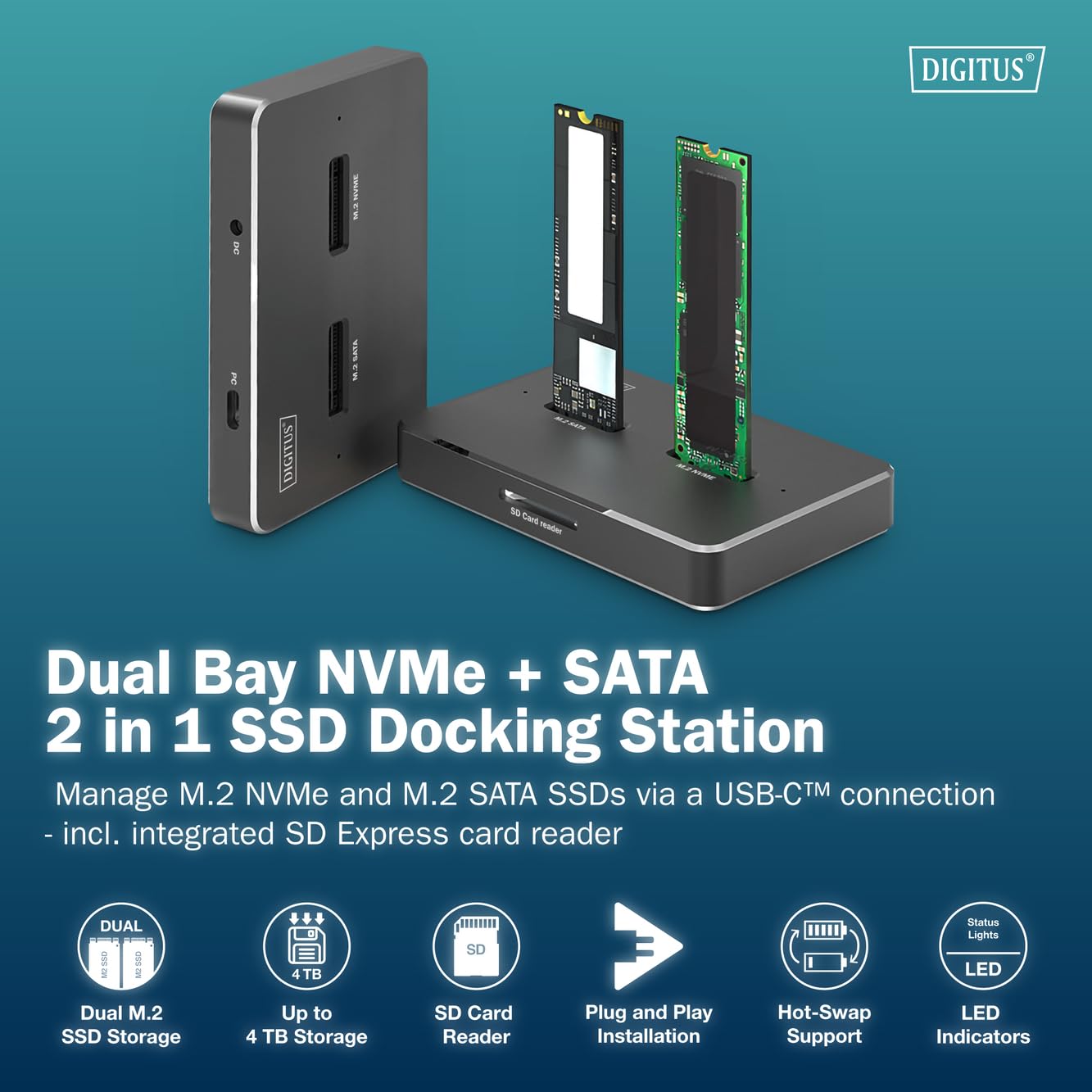 DIGITUS M.2 SSD Docking Station – per SSD NVMe e SATA fino a 4 TB – Lettore di schede SD Express – USB-C 3.2 Gen2 10 Gbit/s – per 2242, 2260, 2280, 22110 – Hot-Swap – Nero