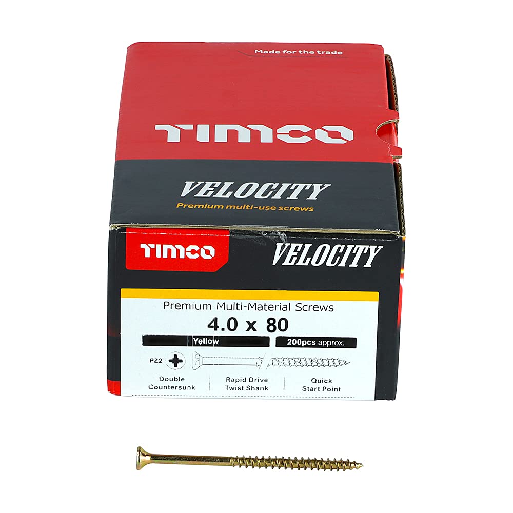 Timco Yellow 40080Vy Velocity Premium Multi-Use Screws - Pz - Double Countersunk - 4.0 X 80 Box 200