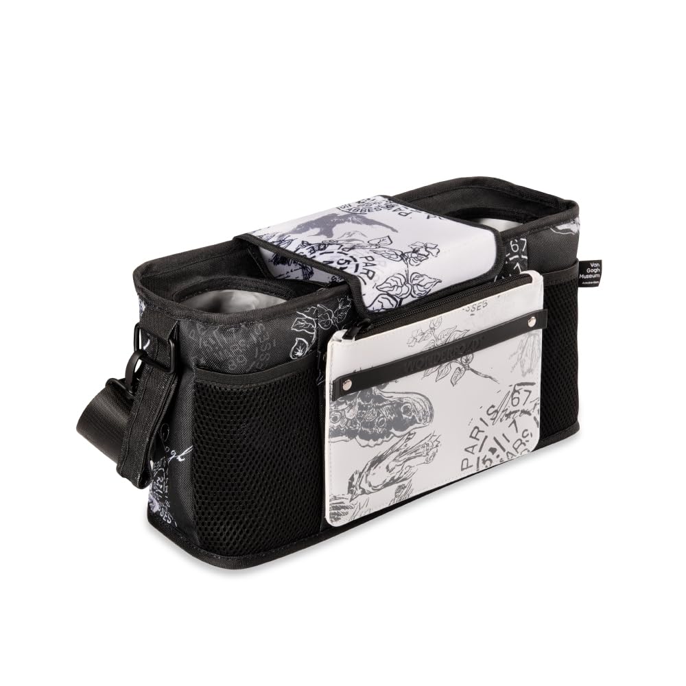 WONDERFOLDParent Console Stroller Organizer with Insulated Cup Holders, Hook and Loop Closure Handle Attachment, 2 Storage Pockets, and Removable Shoulder Strap for Easy Transportation