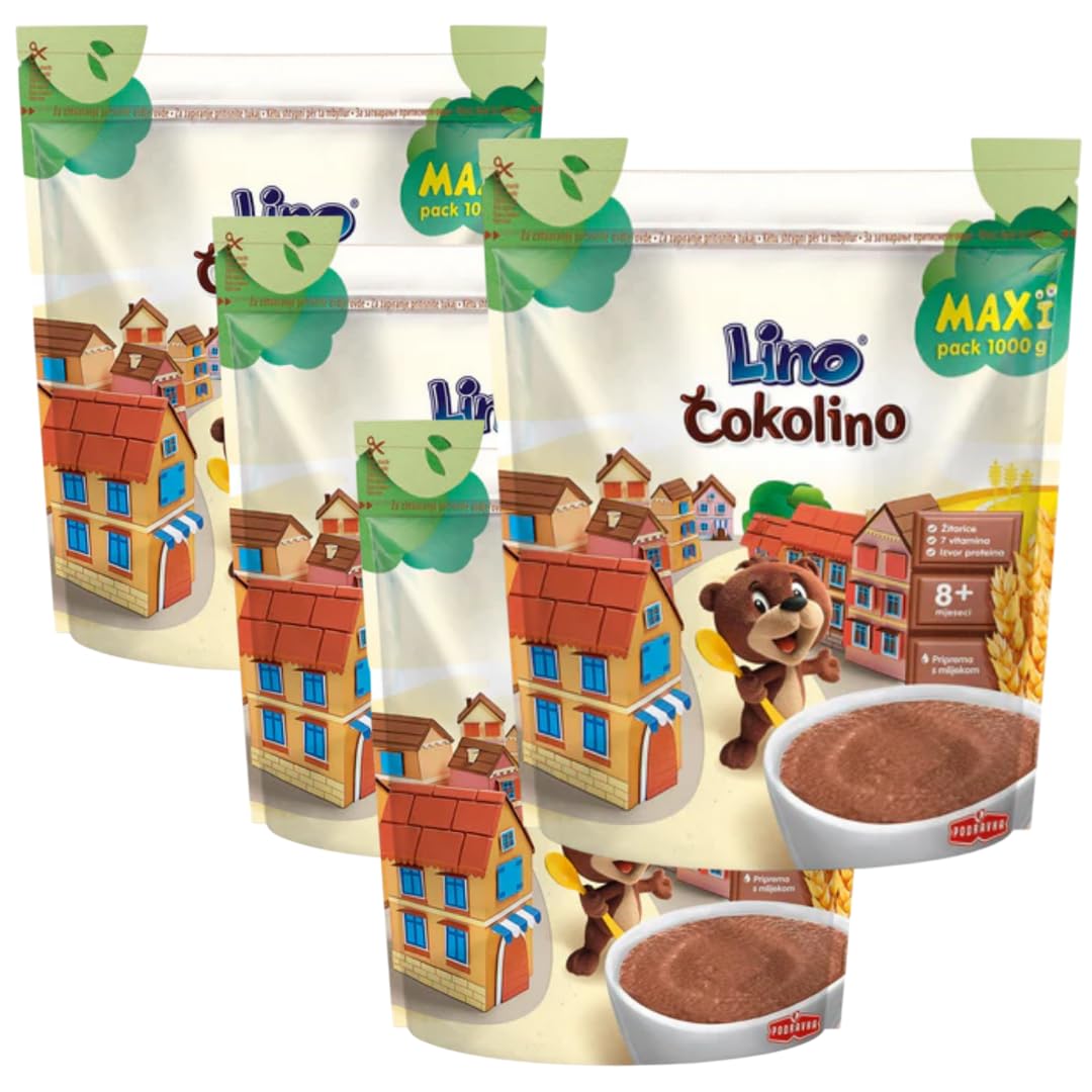 LINO Instant-Weizenbrei mit Kakao – 1 kg Beutel | Für Kleinkinder ab 8 Monaten | Schnell zubereitet, 4 ER