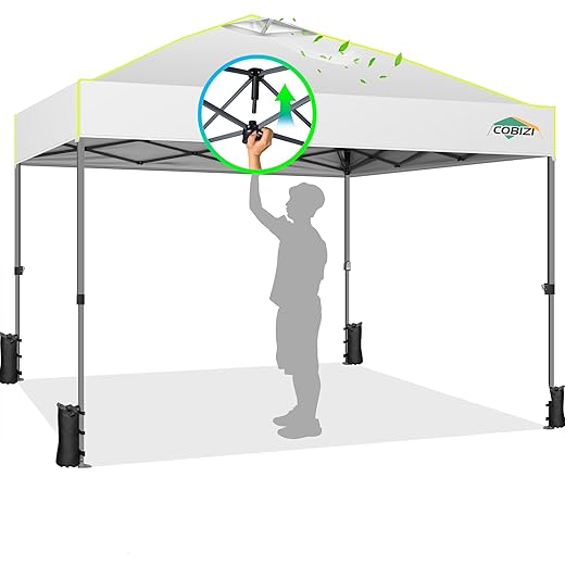 COBIZI 10x10 Pop Up Canopy Tent 1-Button Push Easy up Outdoor Canopy Instant Portable Commercial Shelter Waterproof UPF50+ Gazebo with Reflective Strip, Air Vent & 4 Sandbags,White