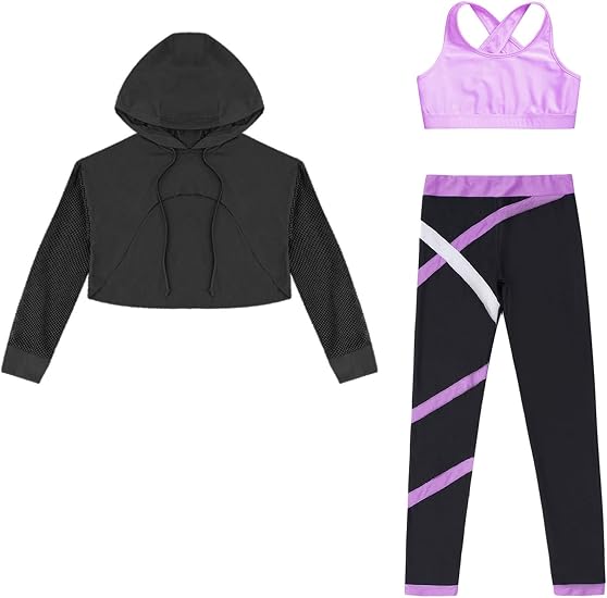 Ensemble Sport 3 Pièces Fille Legging Débardeur Haut Court Danse Gymnastique - 6 à 16 Ans