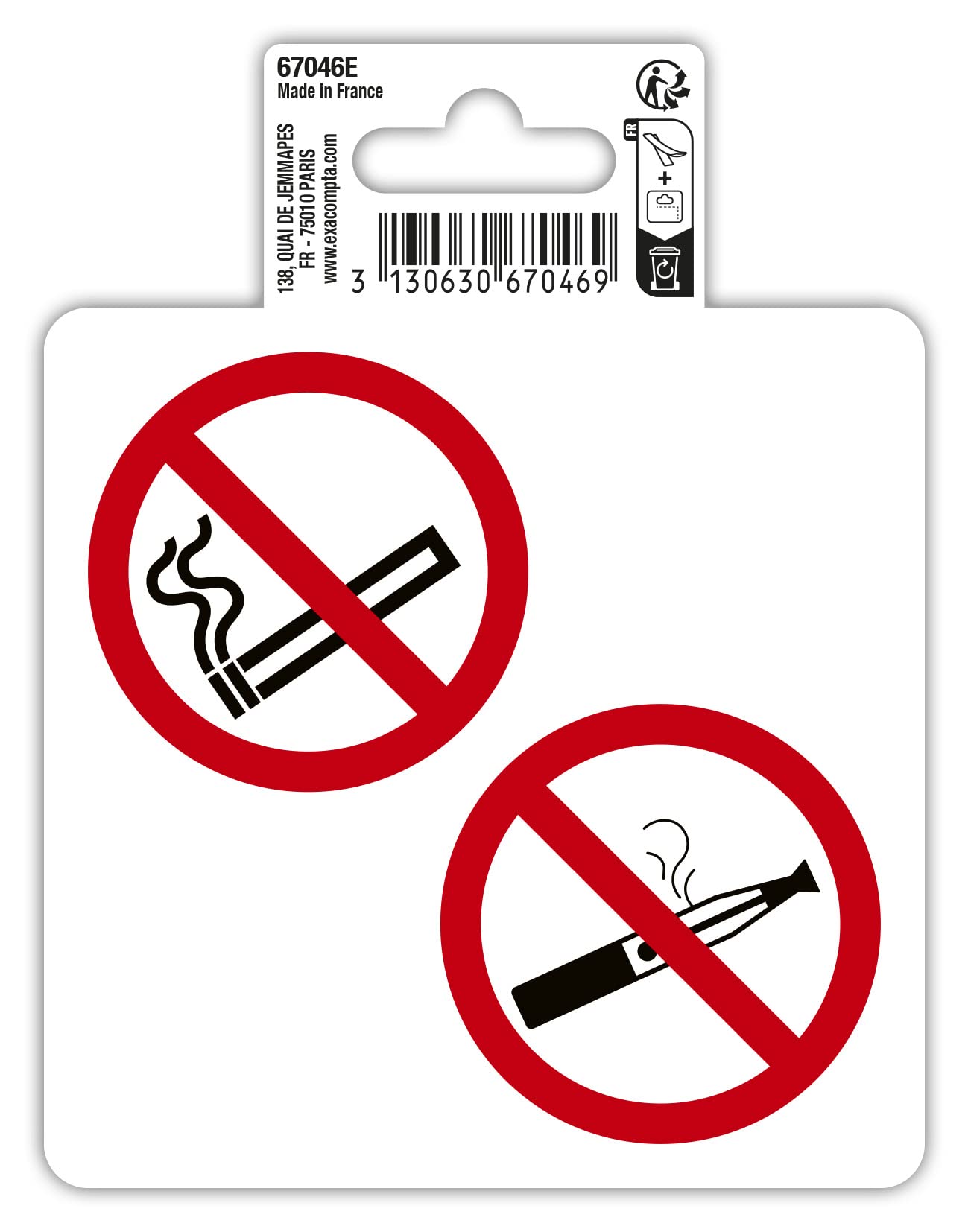 Exacompta - Ref. 67046E - 2 round adhesive pictograms No smoking and no vaping - In non-slip and UV-resistant treated PVC vinyl - Dimensions: 10 x 10 cm
