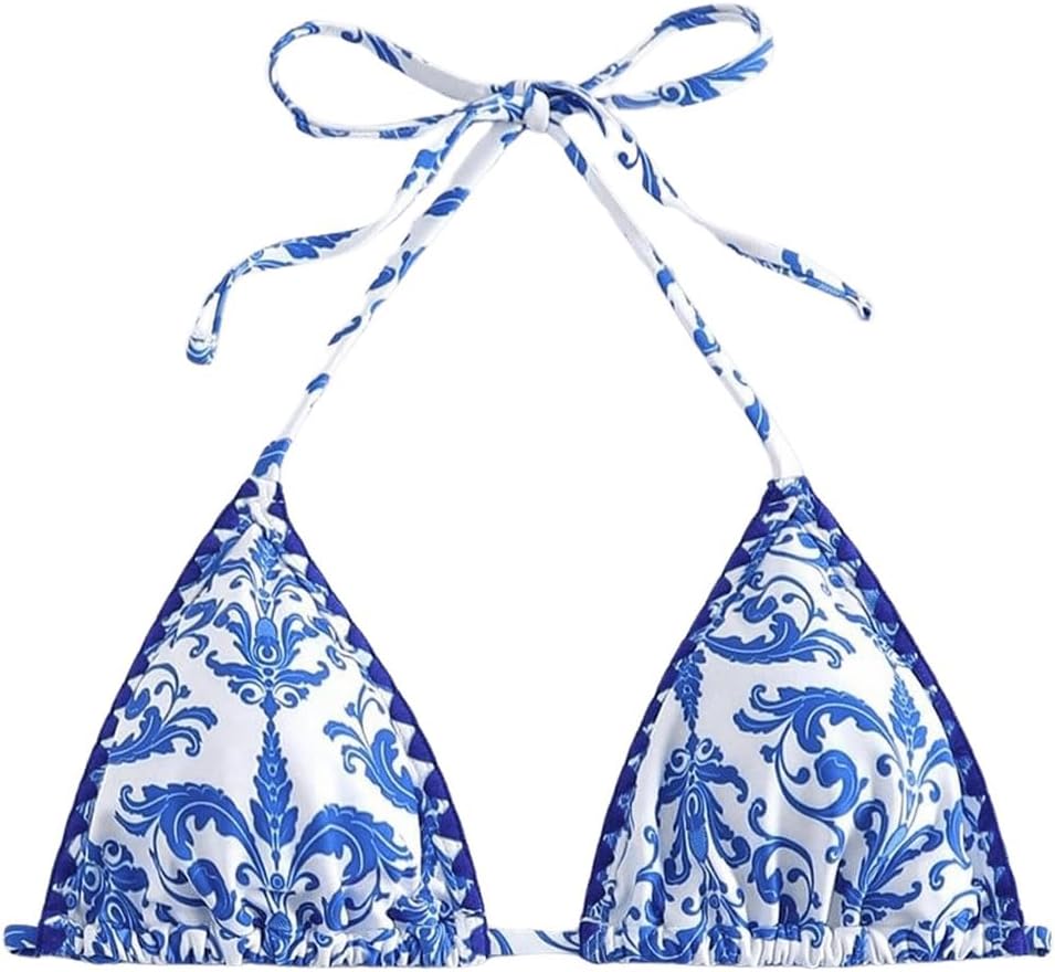 WDIRARA Women's Boho Triangle Halter Bikini Tops Floral Tie Back Smocked Swimsuit Top