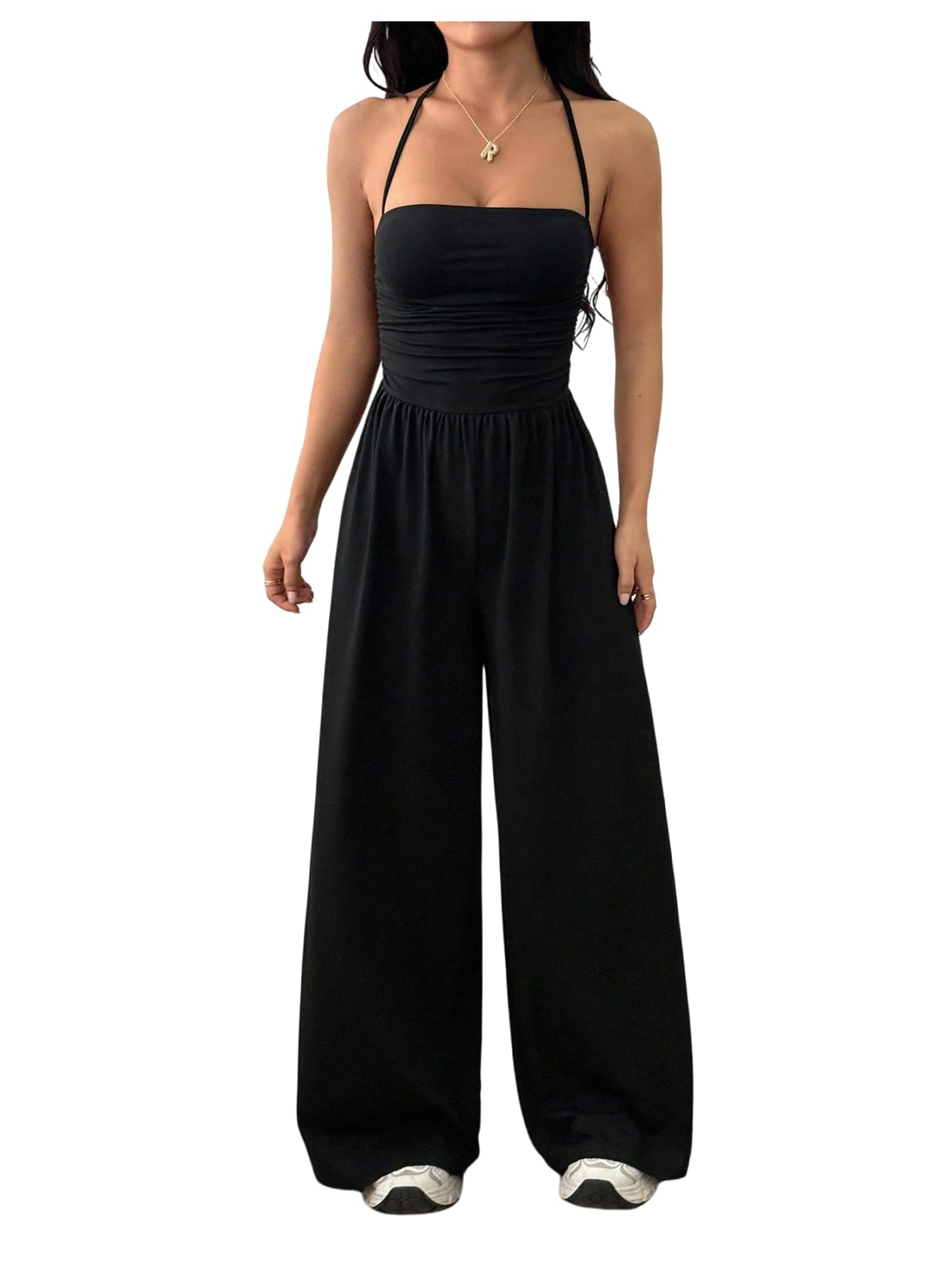 Women's Halter Wide Leg Jumpsuits Y2k Ruched Tie Backless One Piece Sleeveless Rompers
