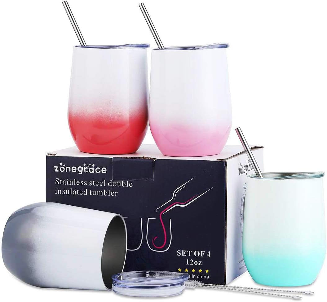 Best Cyber Monday 🔥 Zonegrace 4 pack 12 oz Stainless Steel Stemless Wine Glass Tumbler Double Wall Vacuum Insulated Wine Tumbler different color with Lids Set of 4 for Coffee, Wine, Cocktails, Ice Cream
