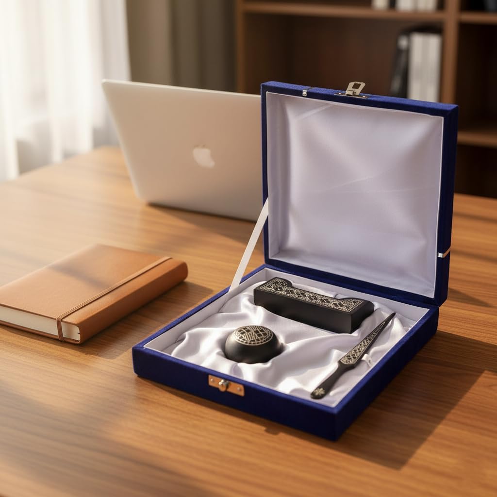 NATRIEL Bidri Art Corporate Gifting Box with Silver Inlay Work, 3 Piece Set, Business Card Holder, Stamp and Round Box
