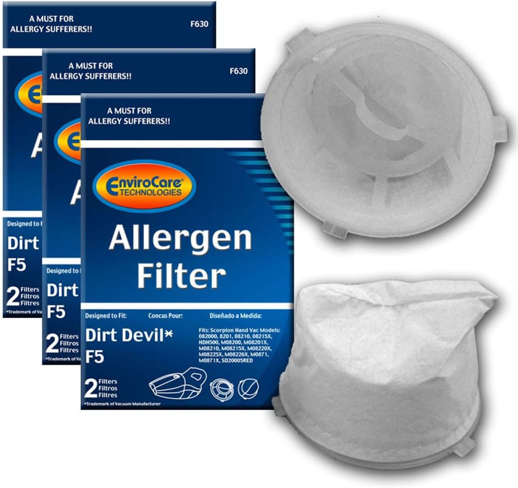 Envirocare Premium Replacement Vacuum Cleaner Filters made to fit Dirt Devil F5. Dirt Devil Scorpion Hand Vacs Models 08200, 8201, 08210, 08215x. 6 Filters