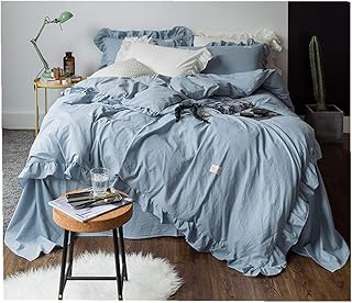 4 Pieces Vintage Stone Washed Cotton Bedding Sets Girls Princess Ruffle Duvet Cover Pillowcases Full Queen Size Bed Sheets White/Pink/Sage Green/Grey (41YS-5-Light Blue, Full Size 4pcs)
