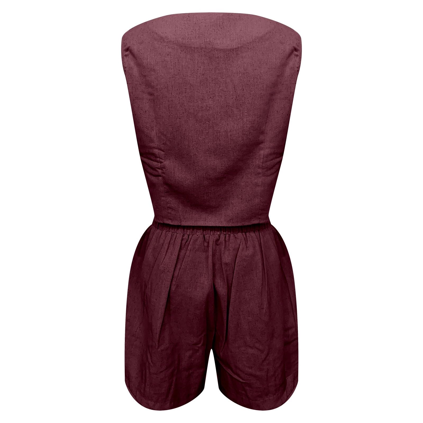 Generisch Set casual in lino con gilet e pantaloncini con scollo a V, tinta unita, da donna, per attività all'aperto, ufficio, casa, abbigliamento leggero