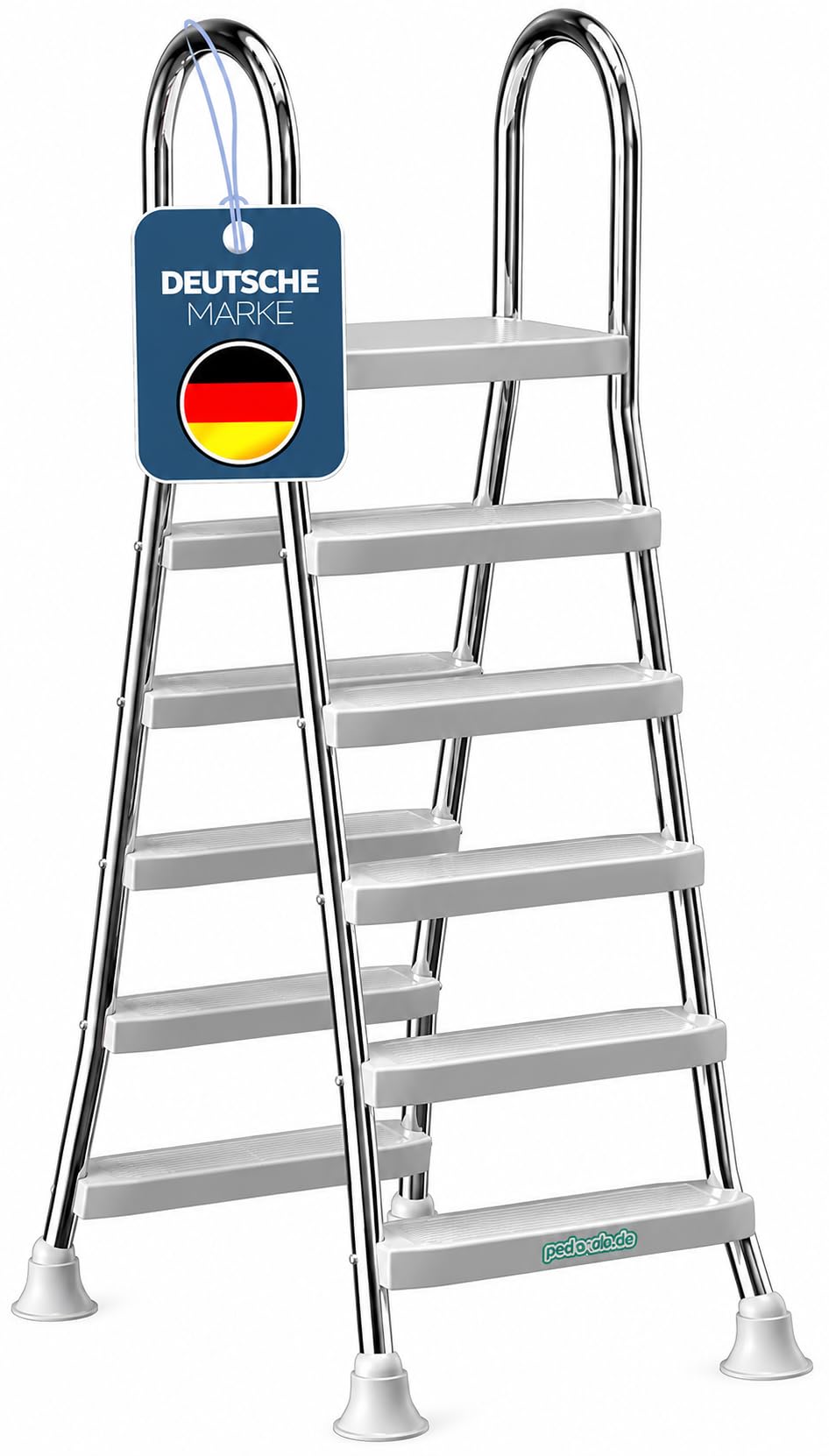 poolomio® Poolleiter Edelstahl V2A mit Handlauf bis 150 cm | Einstiegsleiter mit 5 Stufen für Pools bis 1,50m Höhe | sicherer Einstieg, langlebig, stabil | Sicherheitsleiter Traglast 150 kg