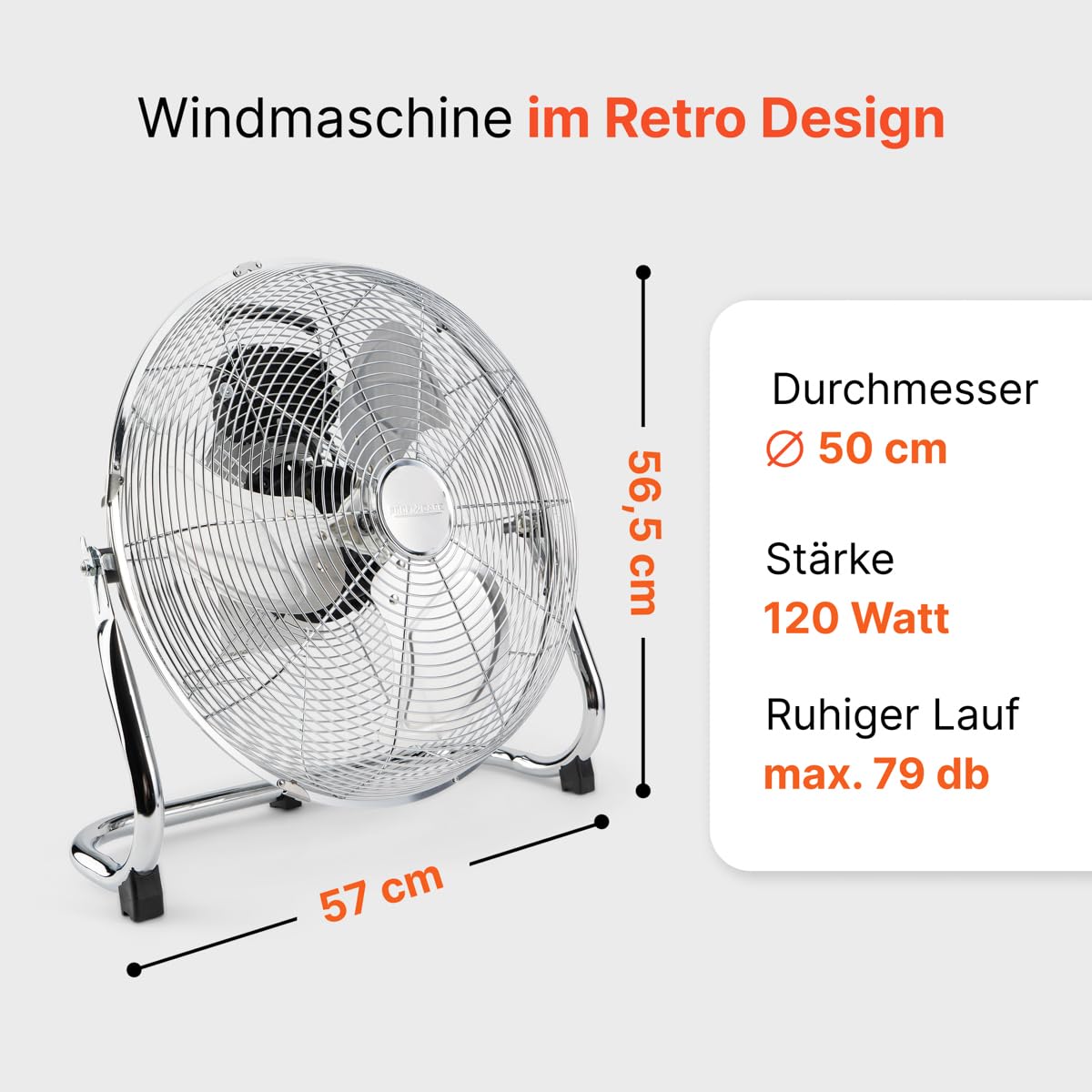 ProfiCare PC-VL 3067 WM wentylator podłogowy retro z 3 prędkościami, silnik 100 W, średnica ok. 50 cm, chromowany metal