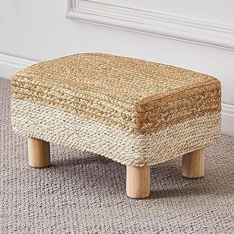 Cpintltr Foot Stool Ottoman Rectangular Footrest Pouf Ottomans Natural Seagrass Footstool with Wooden Legs Hand Weave Step Stool for Living Room Bedroom Entryway White Cover
