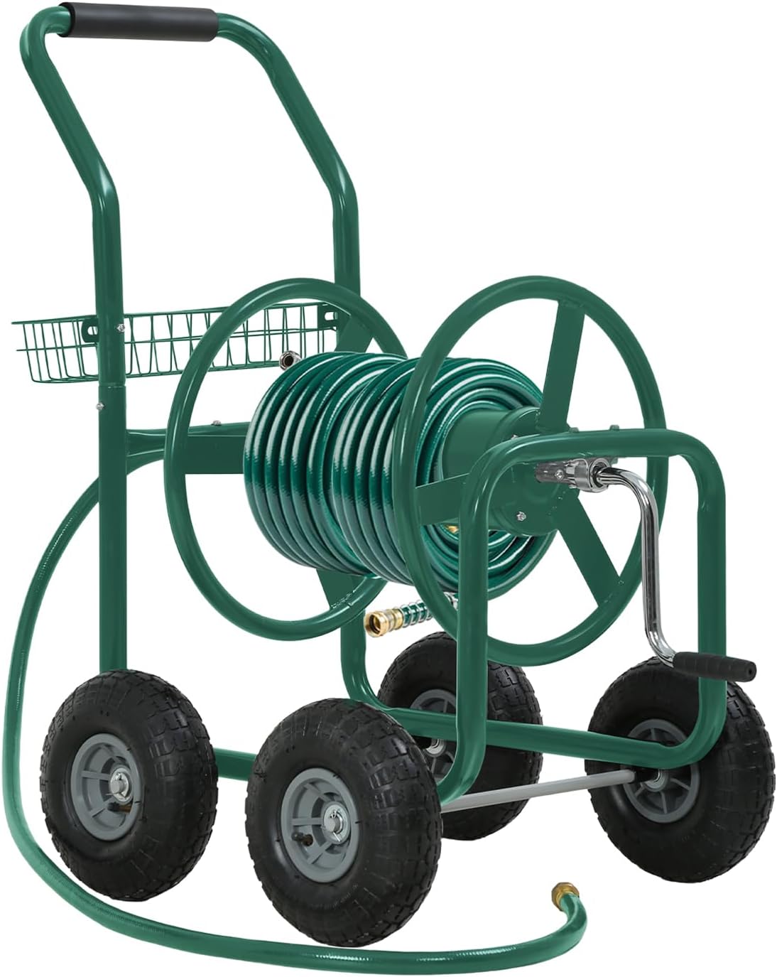FDW Garden Hose Reel Cart, Water Hose Cart with 4 Wheels, Hold Up to 300 ft of 5/8’’ Hose，Heavy Duty Powder-Coated Steel Planting with Storage Basket, for Garden, Yard and Lawn
