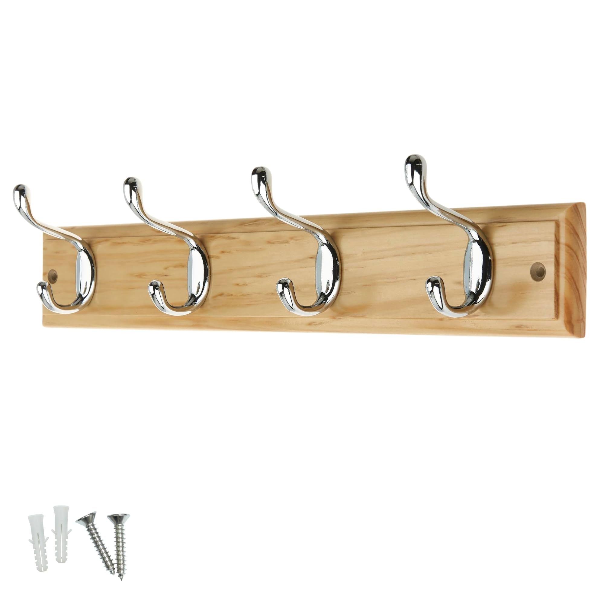 Keypak 4 Hook Pine Effect Wall Mounted Coat Rack with 4 Polished Chrome Hooks - Heavy Duty Wooden Board for Coats, Hats, Bags, Tools Space Saving Wall Storage Organiser, Fixings Included โ image 1