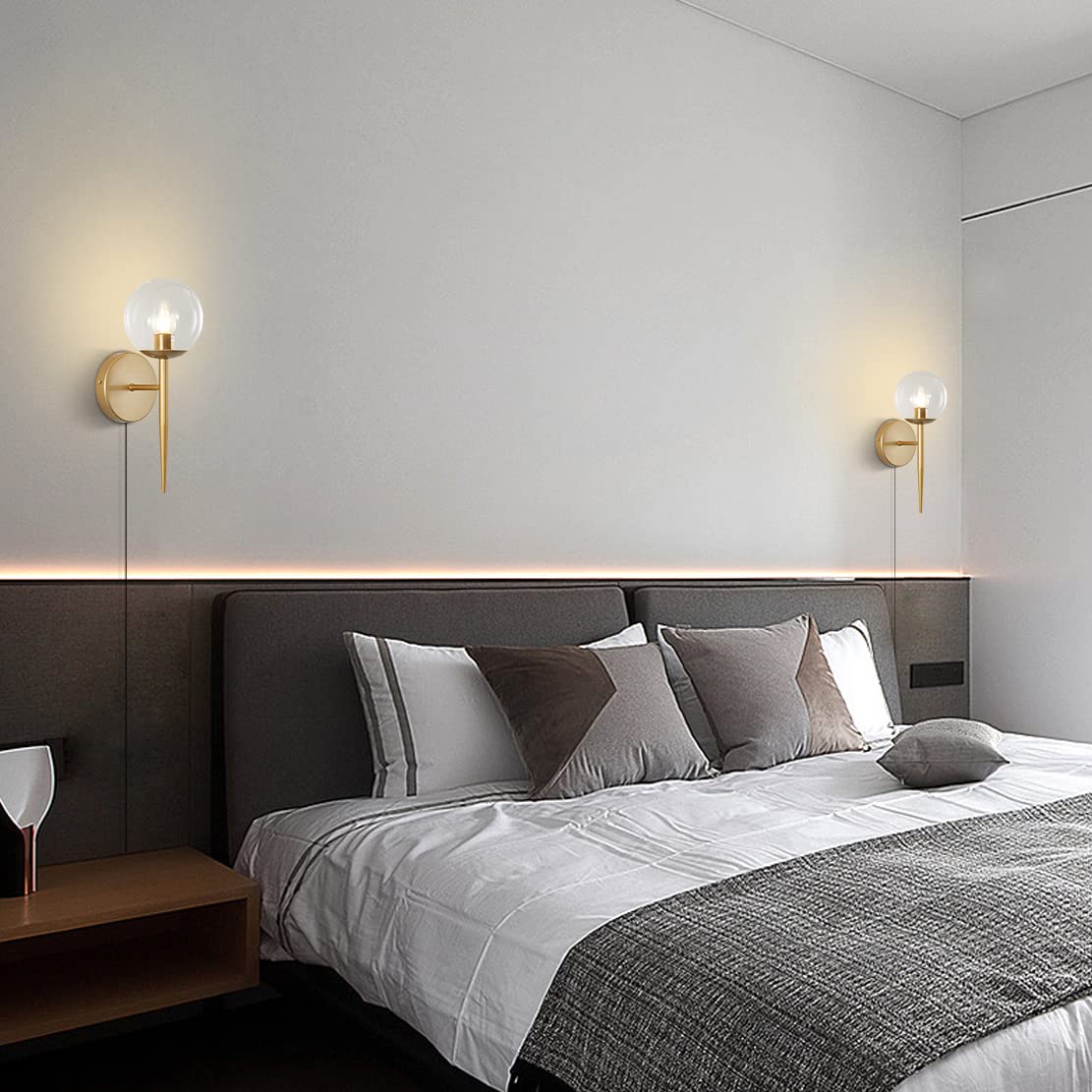 BOKT Modern Champagne Gold Wall Sconces Set of Two Mid Century Plug in Gold Wall Mounted Light Clear Glass Bedside Reading Lighting Fixture for Dining Room Vanity Mirror Bathroom Study Pictures Side…