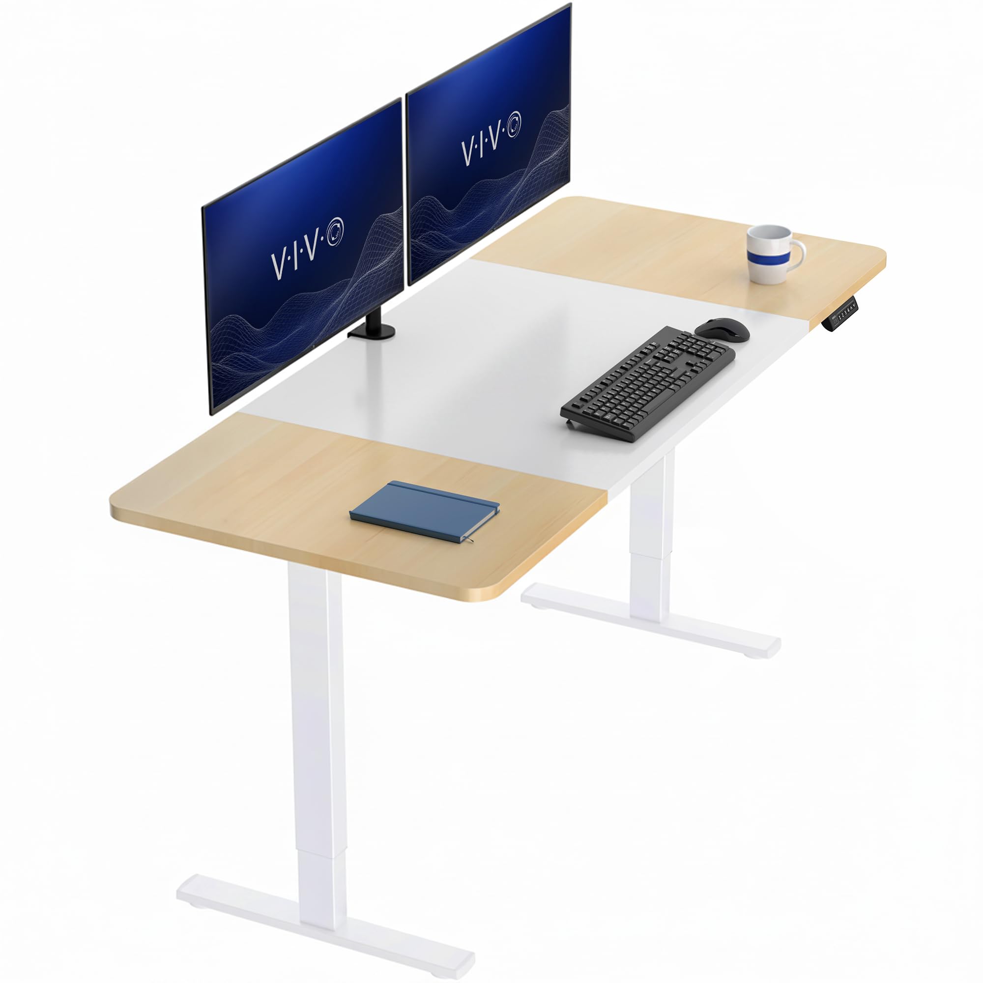 VIVO White/Light Wood 71 x 30 in Standing Desk, DESK-KIT-1W7WC | Electric, Holds 220 lbs, Sit Stand, Height Adjustable, Extra Deep Table Top, Memory Presets, 1B Series, White Frame