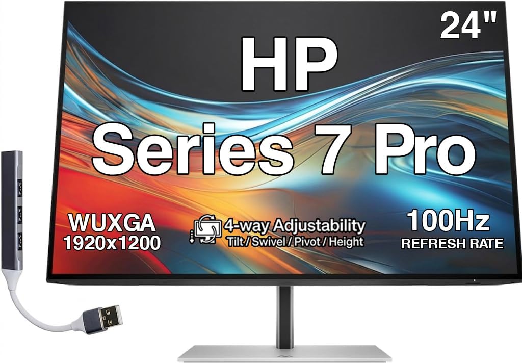 HP Series 7 Pro 24" WUXGA USB-C Docking Monitor with Adjustable Tilt/Swivel/Pivot/Height, VESA Mount, Displayport w/DKZ Hub, Black/Silver