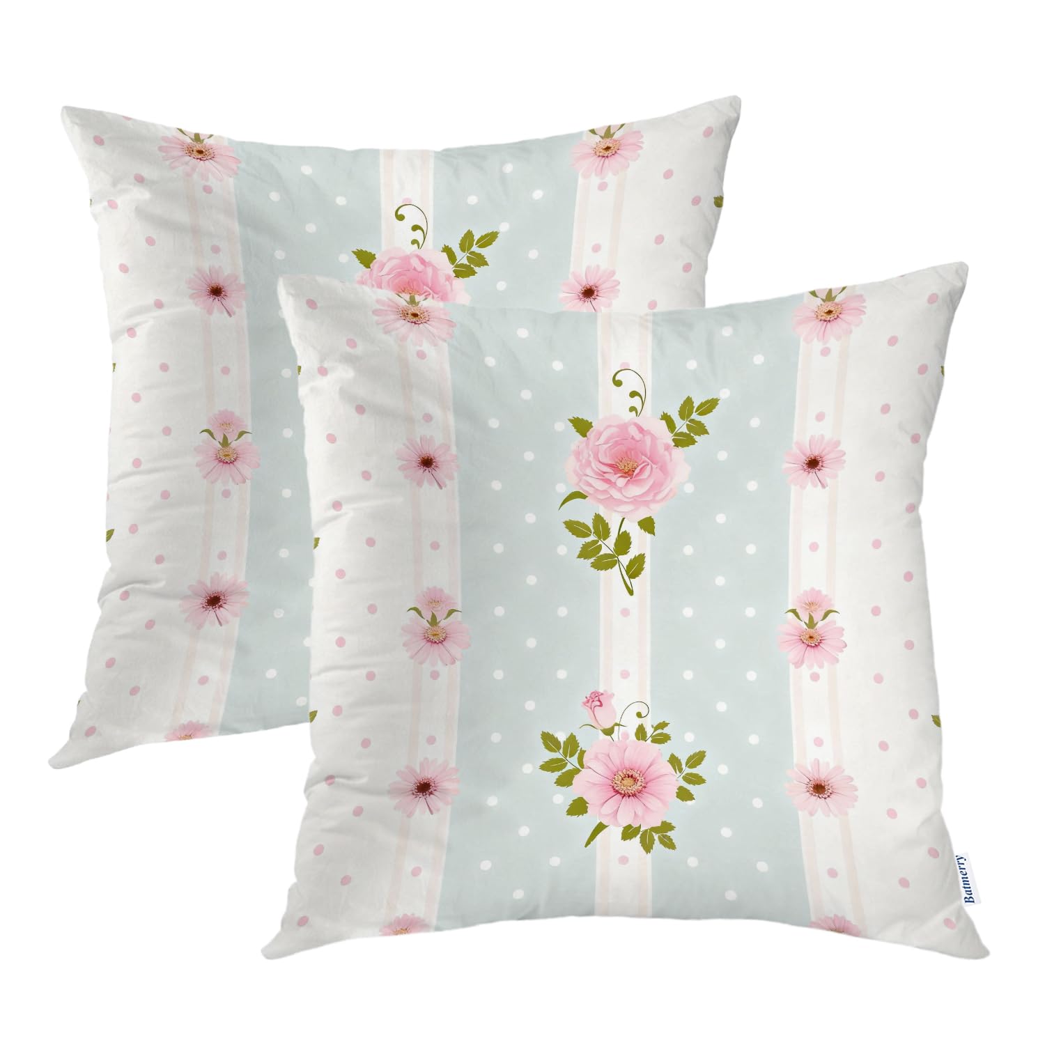 Batmerry Shabby Chic Roses Throw Pillow Covers,Vintage Floral Stripes Polka Dot Laces Decorative Pillow Covers Digital Printing Blended Fabric for